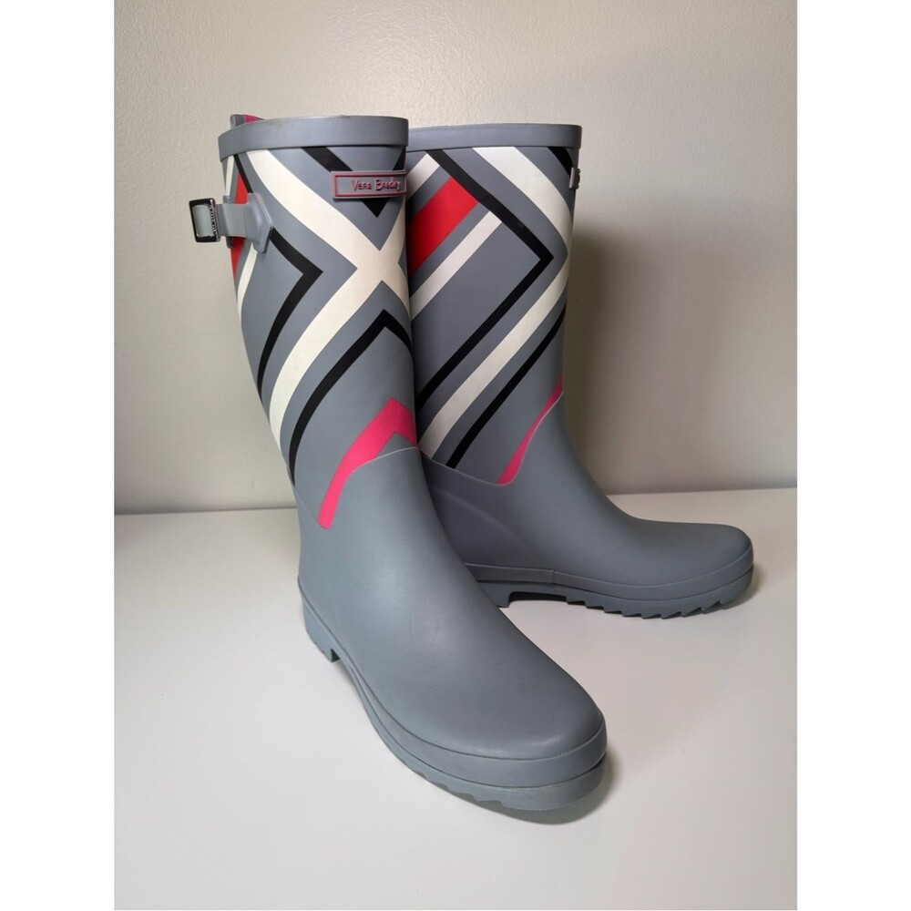 Vera Bradley Northern Stripes Gray White Pink Geometric Rain Rubber Boots USA 9